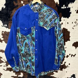 Rare Vintage Slammer‎  Blue Abstract Cowboy Western Long Sleeve Shirt Sz XXL USA